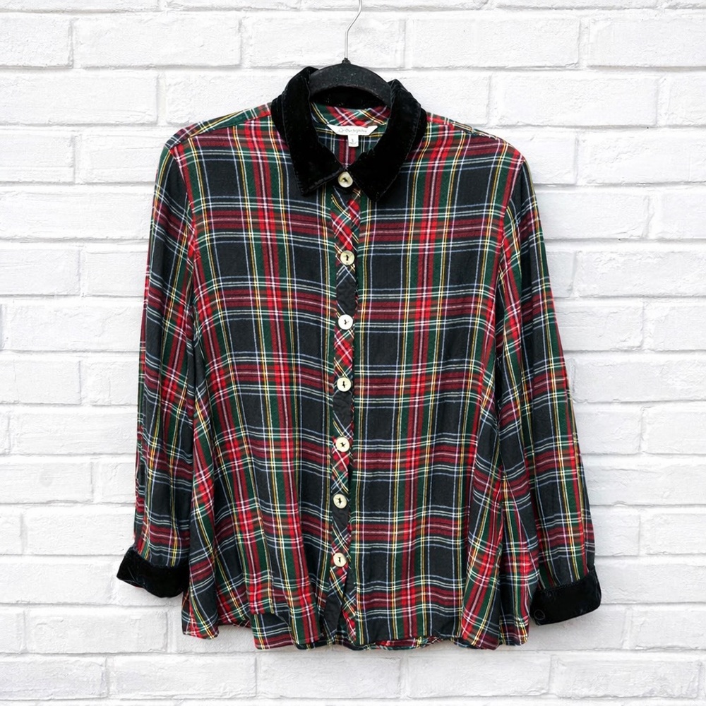 John Mark Womens Button Blouse Top Shirt Plaid Academia Classic Traditonal